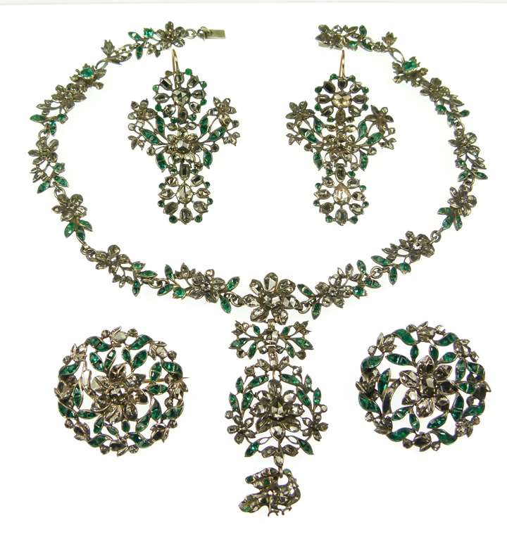Emerald and diamond floral and foliate cluster suite, comprising a necklace, two brooches and a pair of earrings